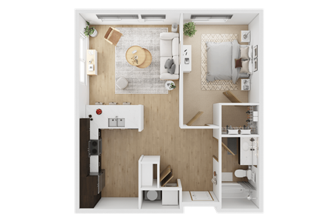 Floor plan for 1 bed, 1 bath, 601 sqft